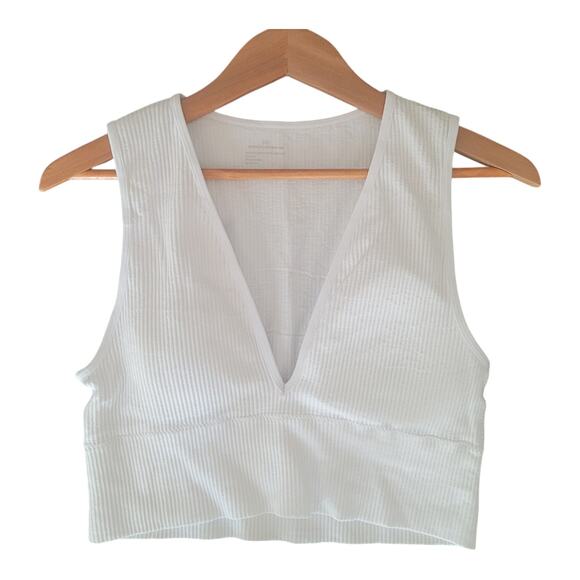 Women's Stretch White Tank Seamless Ribbed Crop Top Deep V-Neck Chest Size 30" - Picture 7 of 10